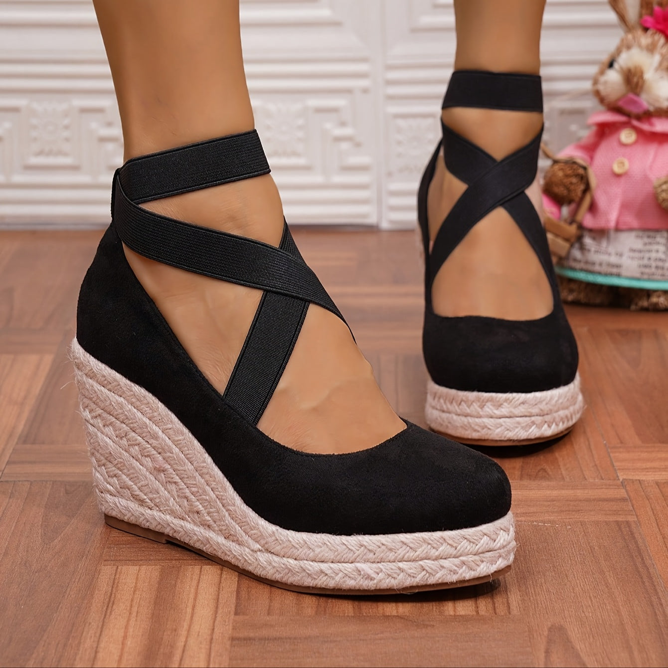 Women's Wedge Espadrilles Black Rope Sole Minimalist Ankle Strap Slip-Ons