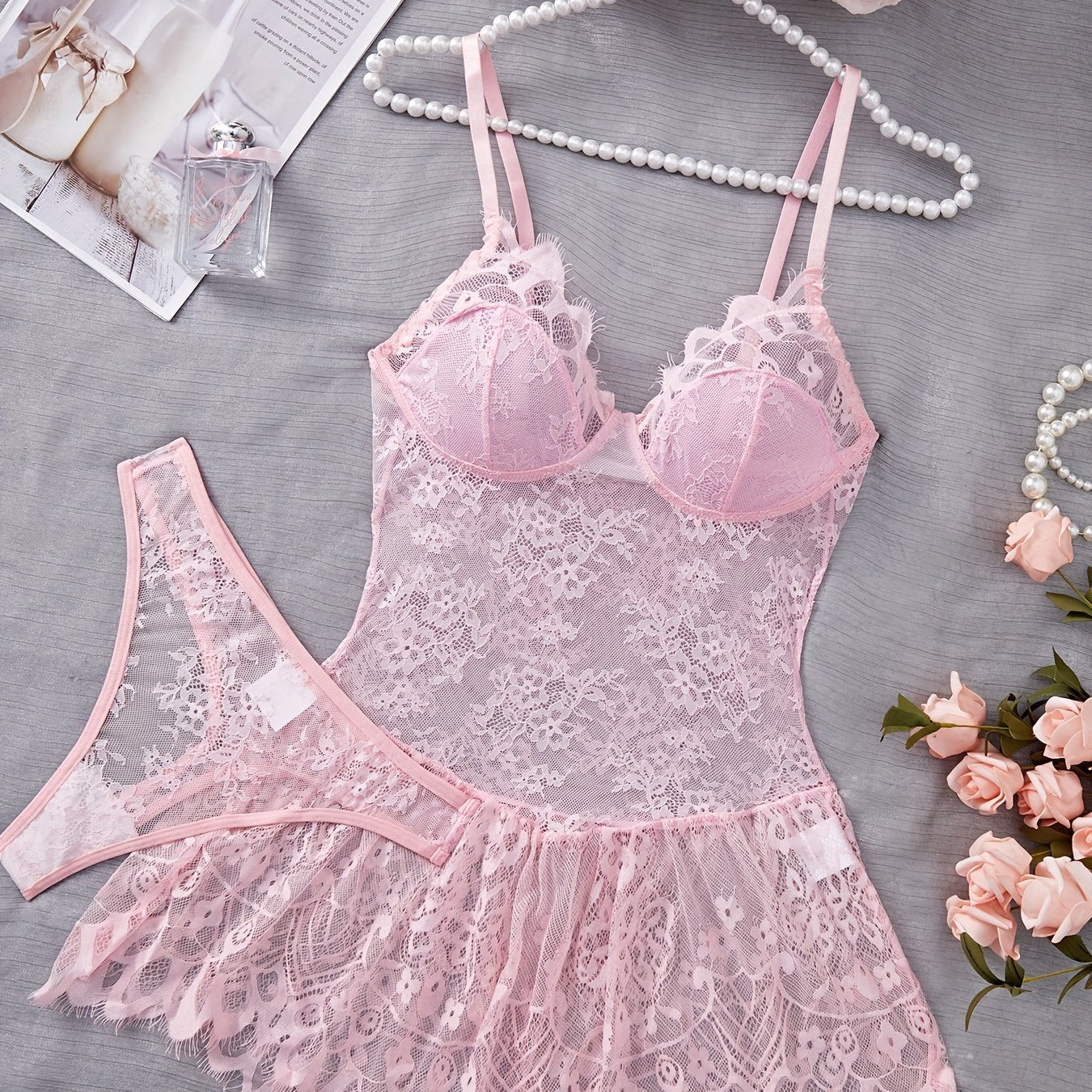 Women's Satin Sleepwear Set with Lace Trim and Adjustable Straps