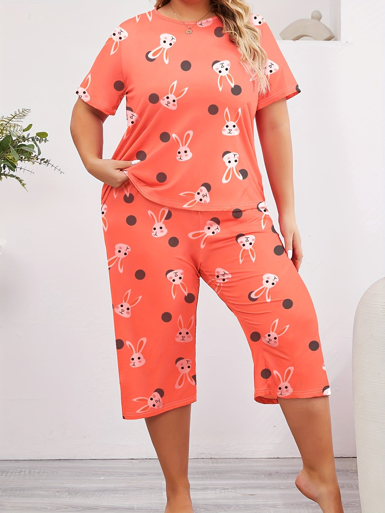 Women's Plus Size Pajama Set Shorts Sleeve Lounge Wear Capri Pants