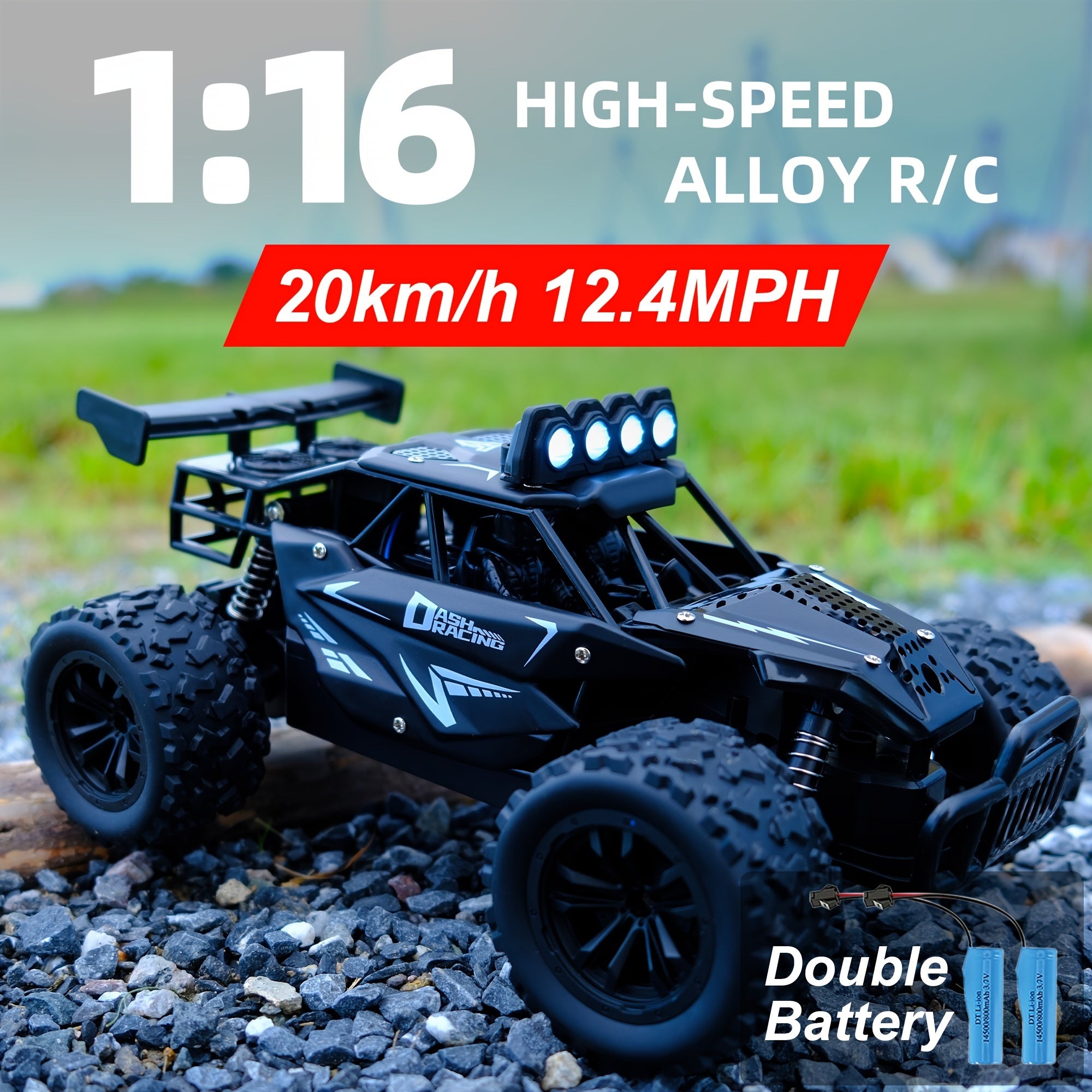 Coche de aleación de alta velocidad para carreras fuera de carretera con control remoto de 2.4 GHz y baterías recargables duales