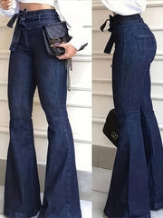 Women's Navy Blue High-Waist Flared Jeans with Stretch Denim and Tie Waist
