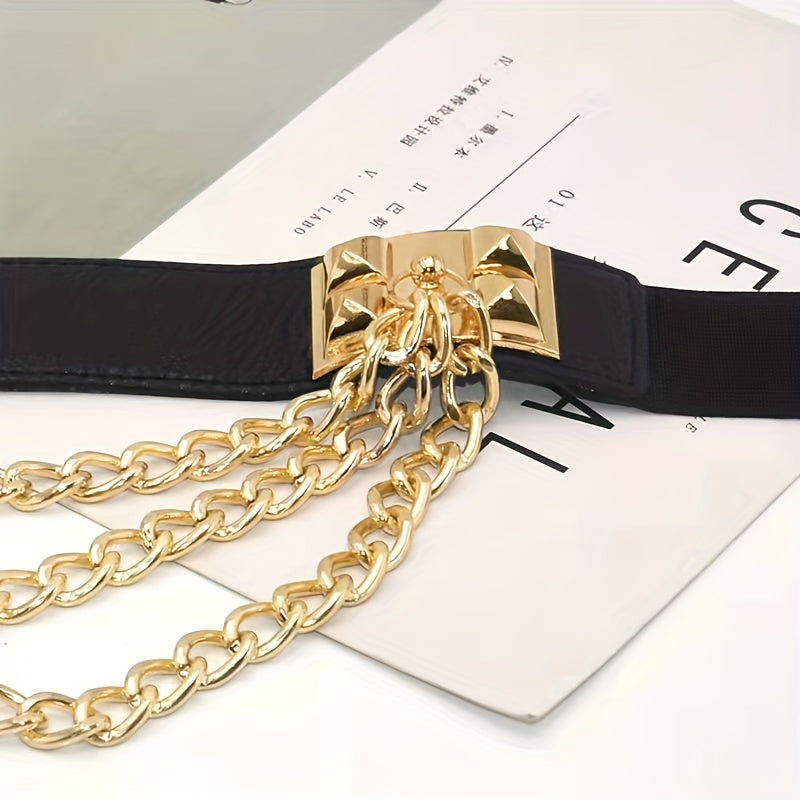 Elastic Waistband Belt with Punk Chain Fringe for Women's Dresses Solid Color Body Jewelry