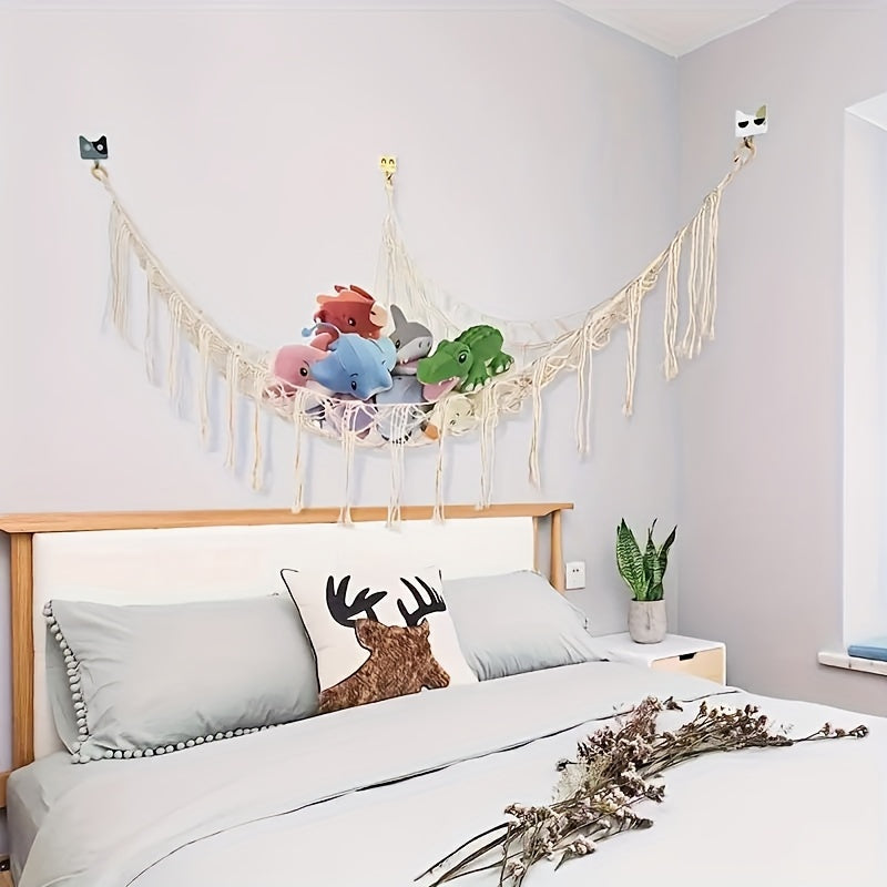 "Бохо Сетчатые Игрушки или Гамак: Уголок для Хранения Подвесной Держатель для Плюшевых Игрушек, Сетчатый Органайзер с Кисточкой и Крючками, Идеально Подходит для Декора Спальни и Подарков на Праздники."