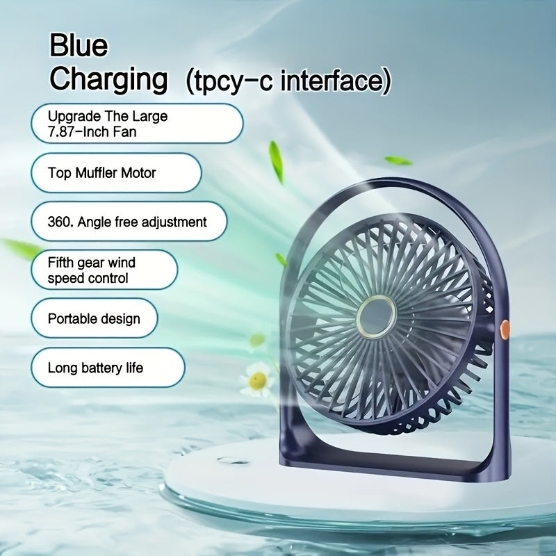 Black Portable Mini Desk Fan 5-Speed USB Rechargeable Quiet Tabletop Fan