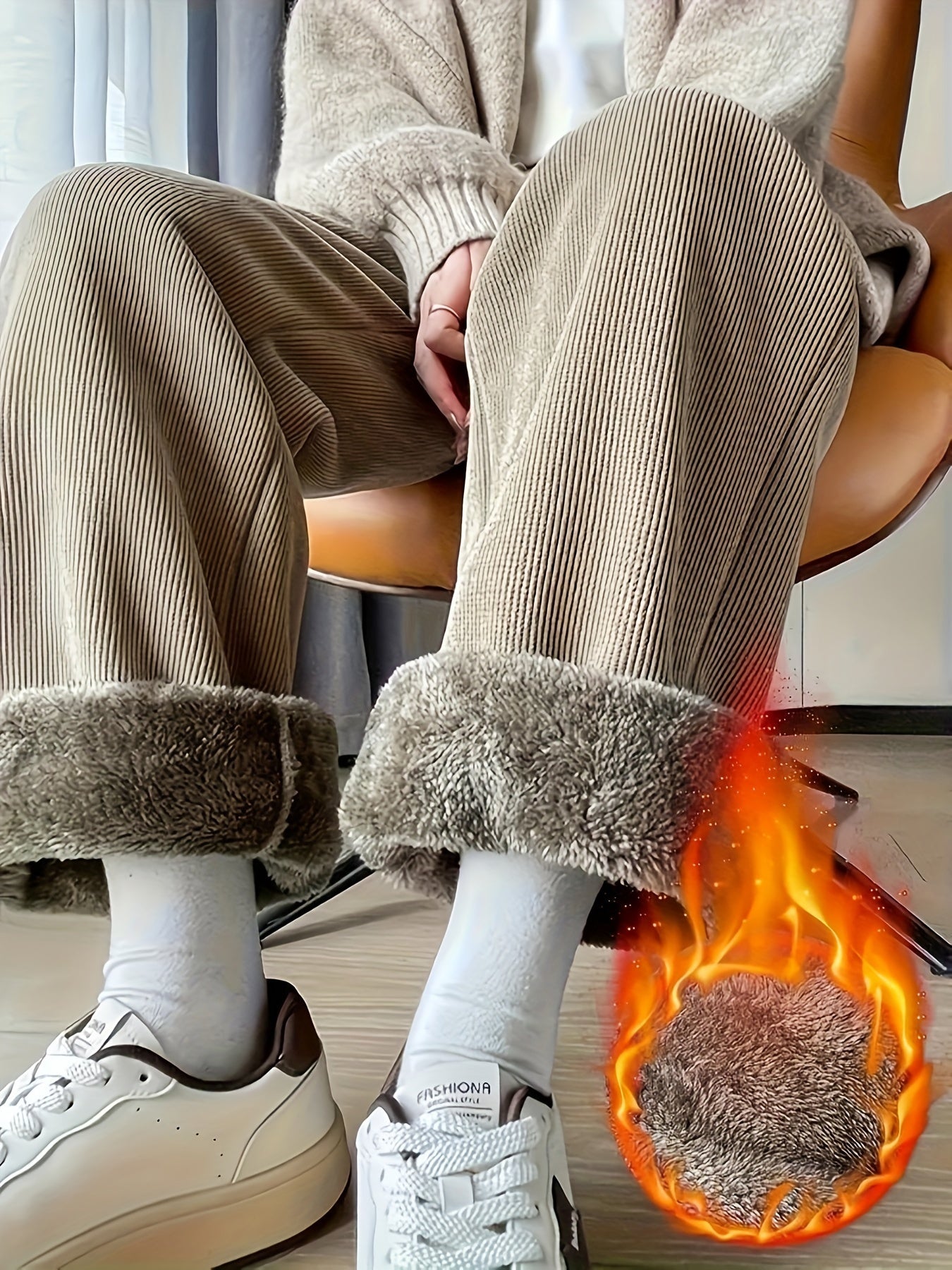 Plus Size Polyester Knit Long Pants Warm Fleece-Lined Corduroy Sweatpants for Autumn/Winter