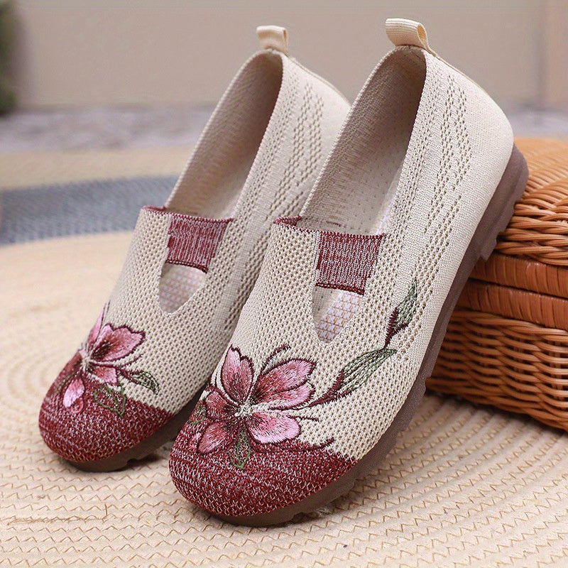 Women's Floral Slip-On Flats Breathable Knit Upper Casual Shoes Beige Gray Brown White