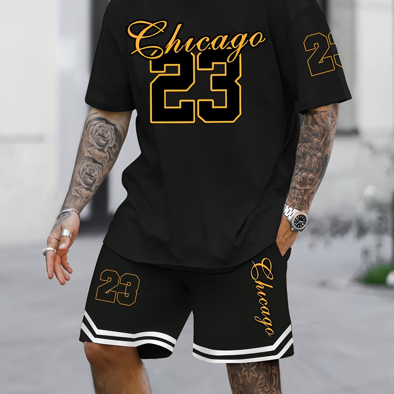 Men's Summer Clothing Set Jersey Number 23 Print Short Sleeve Shirt and Black Sports Shorts