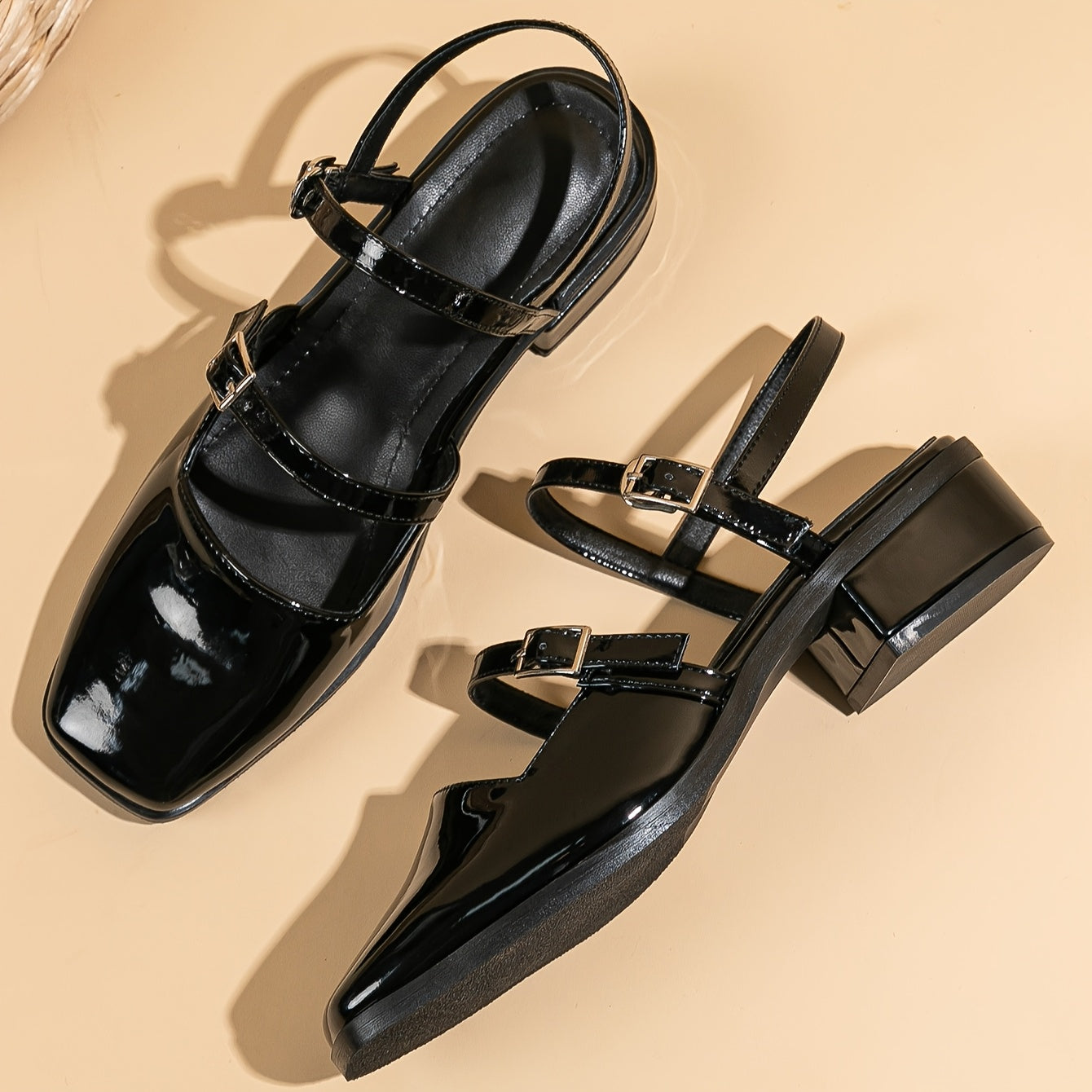 Women's Faux Leather Black Mary Jane Pumps with Chunky Heel and Ankle Strap