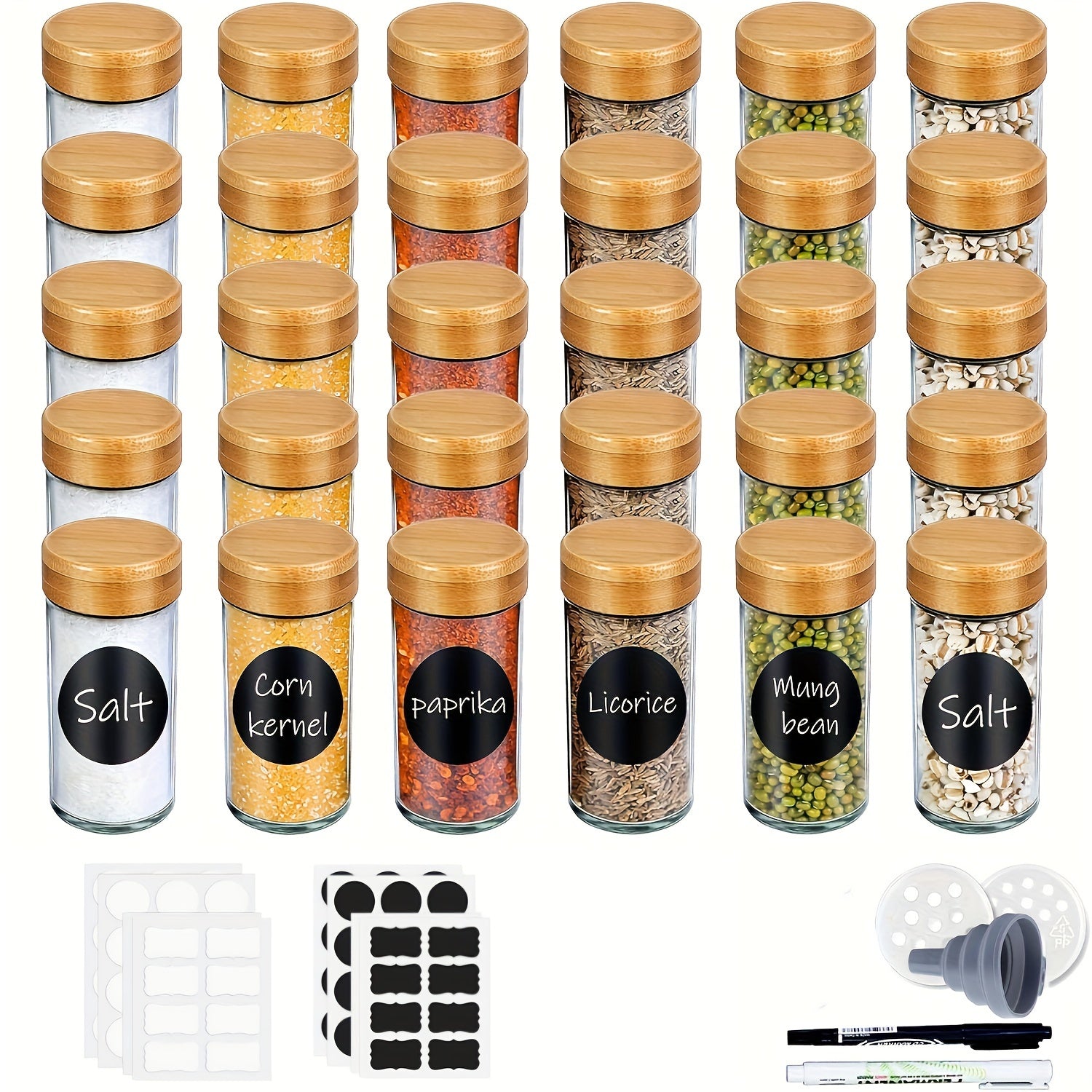Set of 6 12 24 or 30 100ml Glass Spice Jars with Bamboo and Shaker Lids