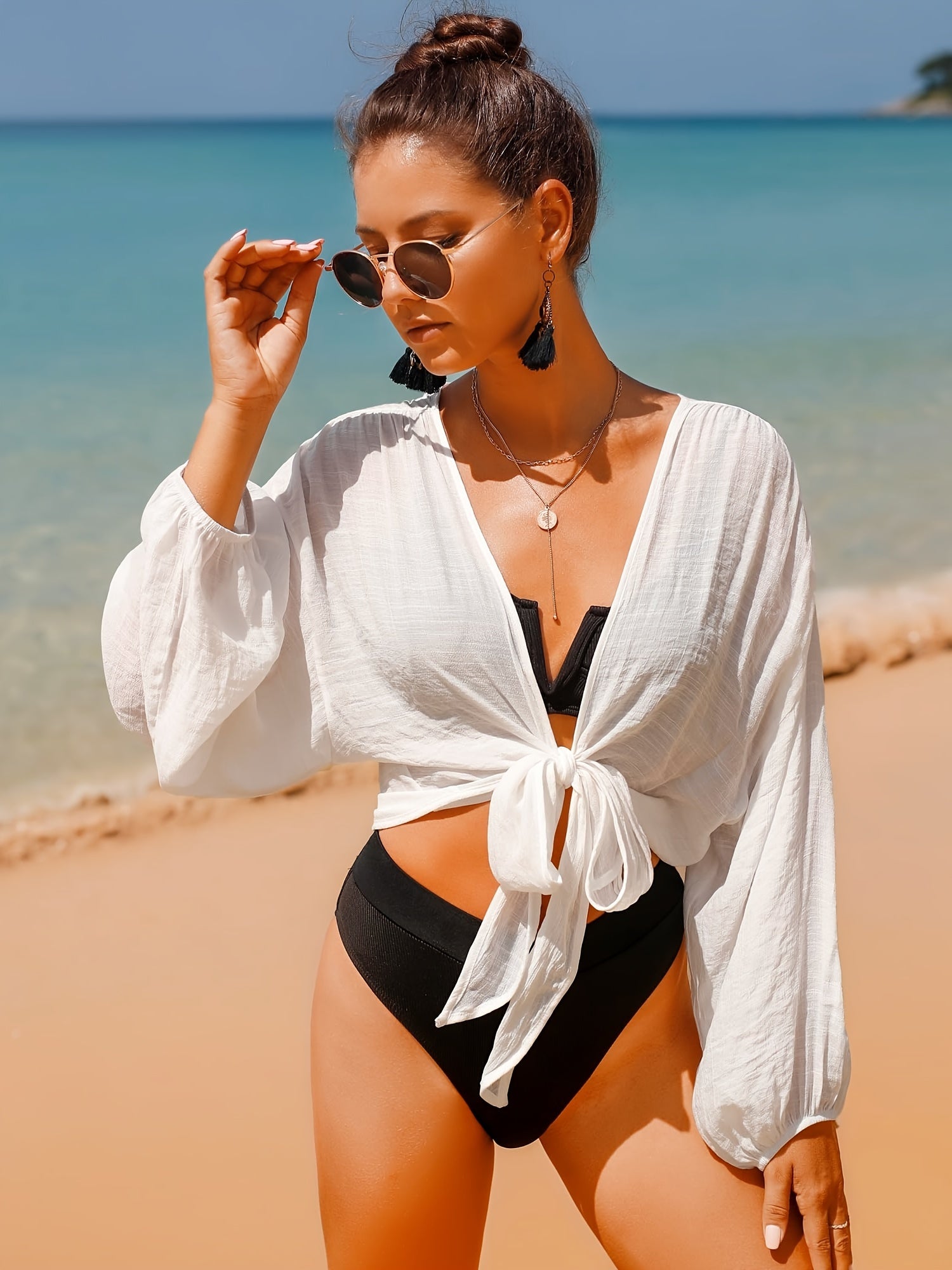 Women's Long Sleeve Beach Cover Up Top with Self-Tie Design for Summer