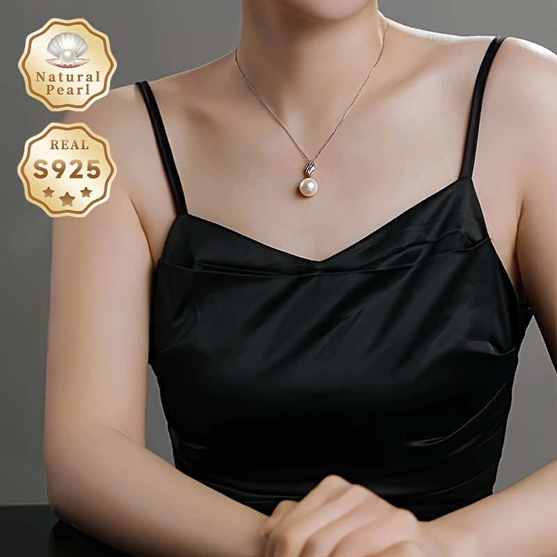 Women's Sterling Silver Pearl Pendant Necklace 13-14mm Lustrous Natural Pearl Zirconia Inlay