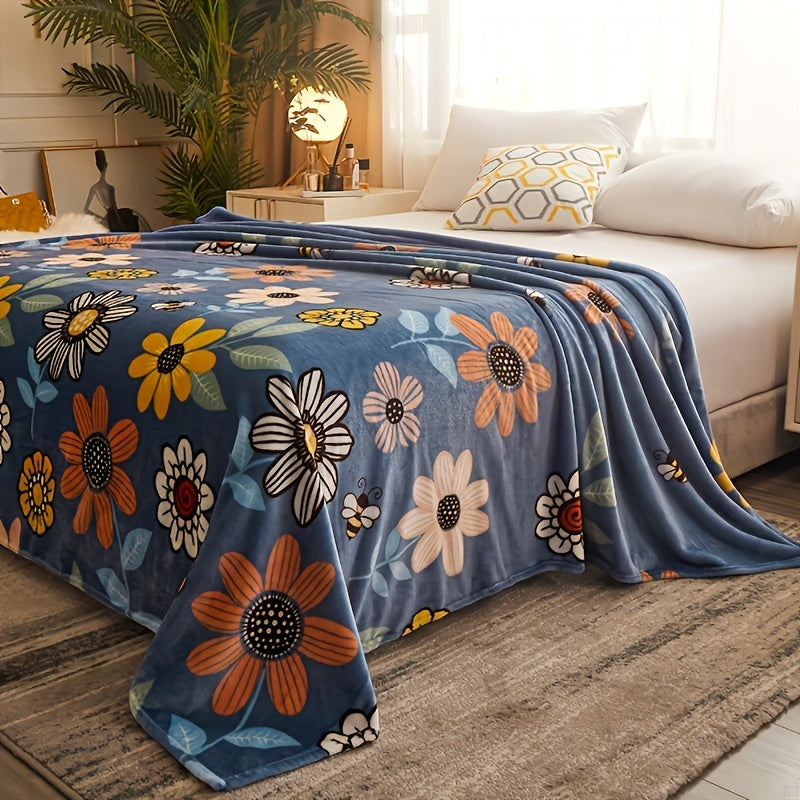 Manta de franela con estampado de flores, suave y cálida, para sofá, cama y camping