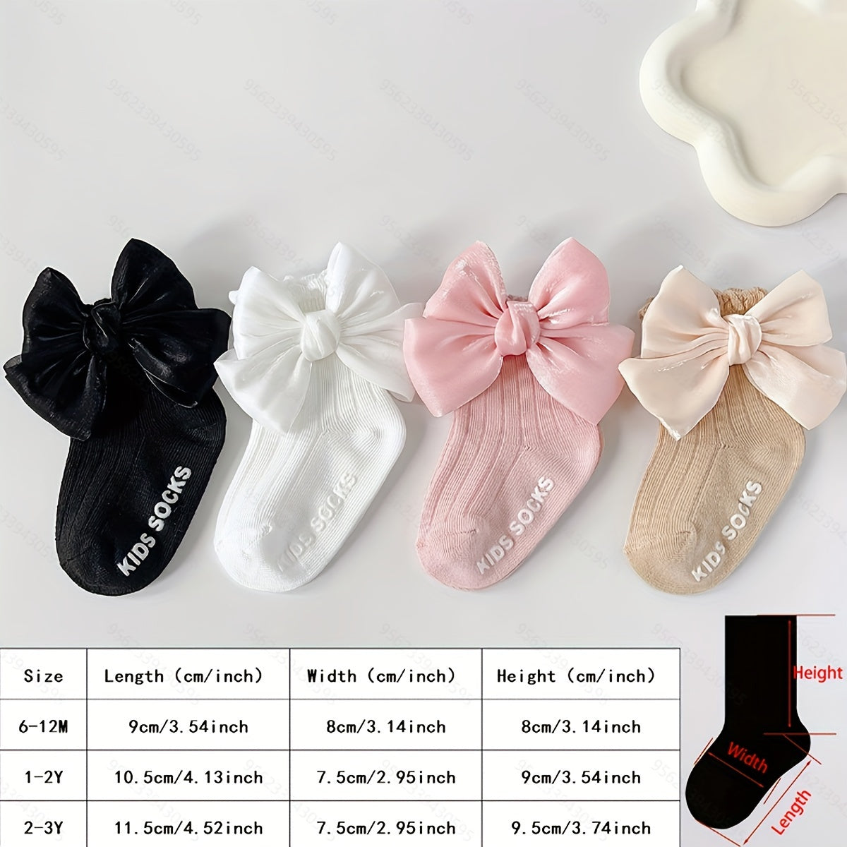Girls' Mid-Calf Socks 4 Pairs Breathable Knit with 3D Bow in Black White Pink Beige