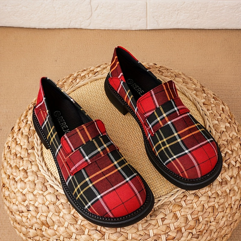 Women's Plaid Loafers Slip-On Dress Shoes Non-Slip Rubber Sole