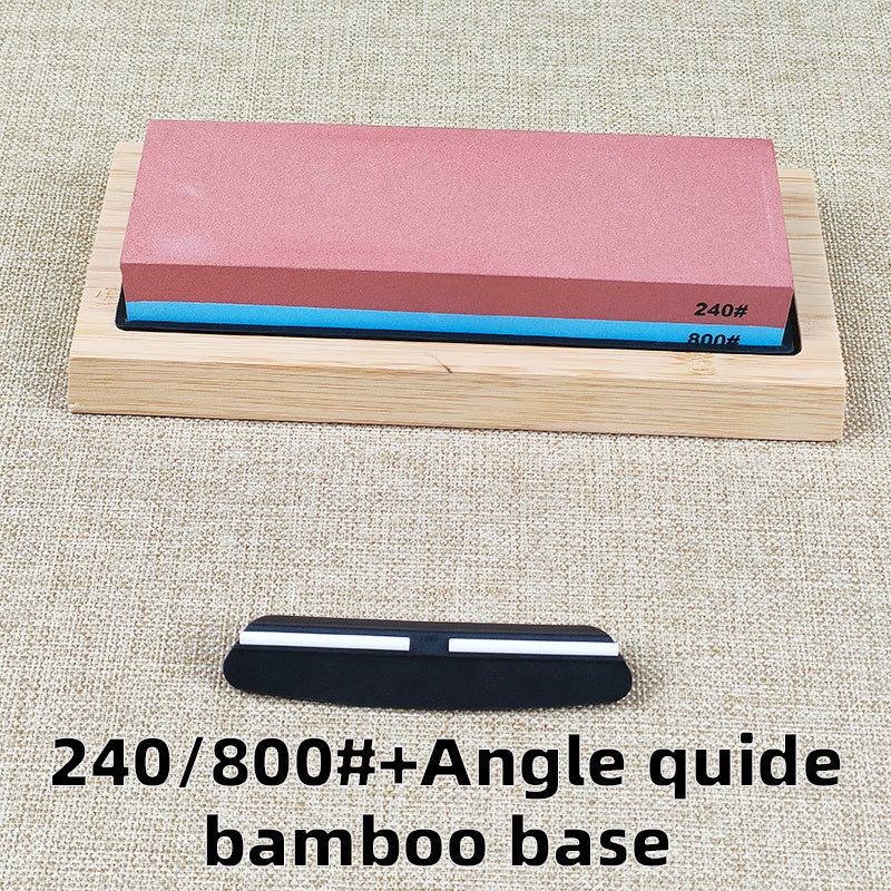 Juego de afilado de cuchillos con piedra de afilar de 2 etapas, base de bambú y guía de mango de madera