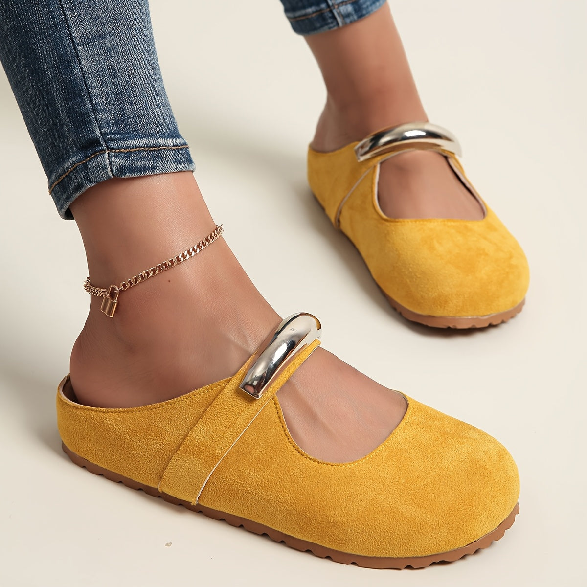 Women's Slip-On Loafers with Metal Buckle Fabric Upper EVA Sole