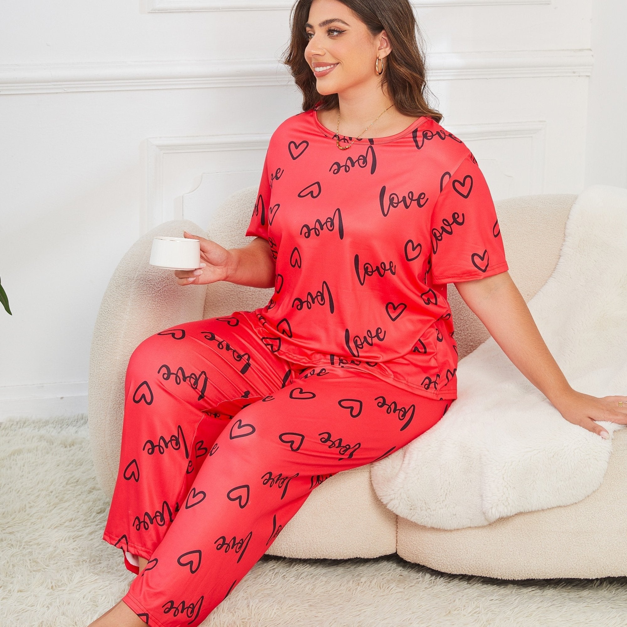Women's Plus Size Letter Print Short Sleeve Pajama Set All Seasons