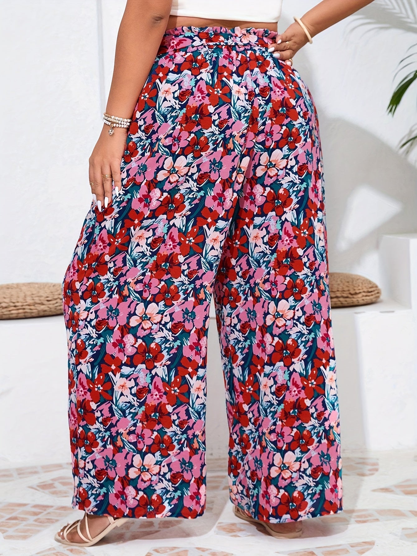Plus Size Women's Floral Print Wide Leg Pants Casual Relaxed Fit Durable Trousers