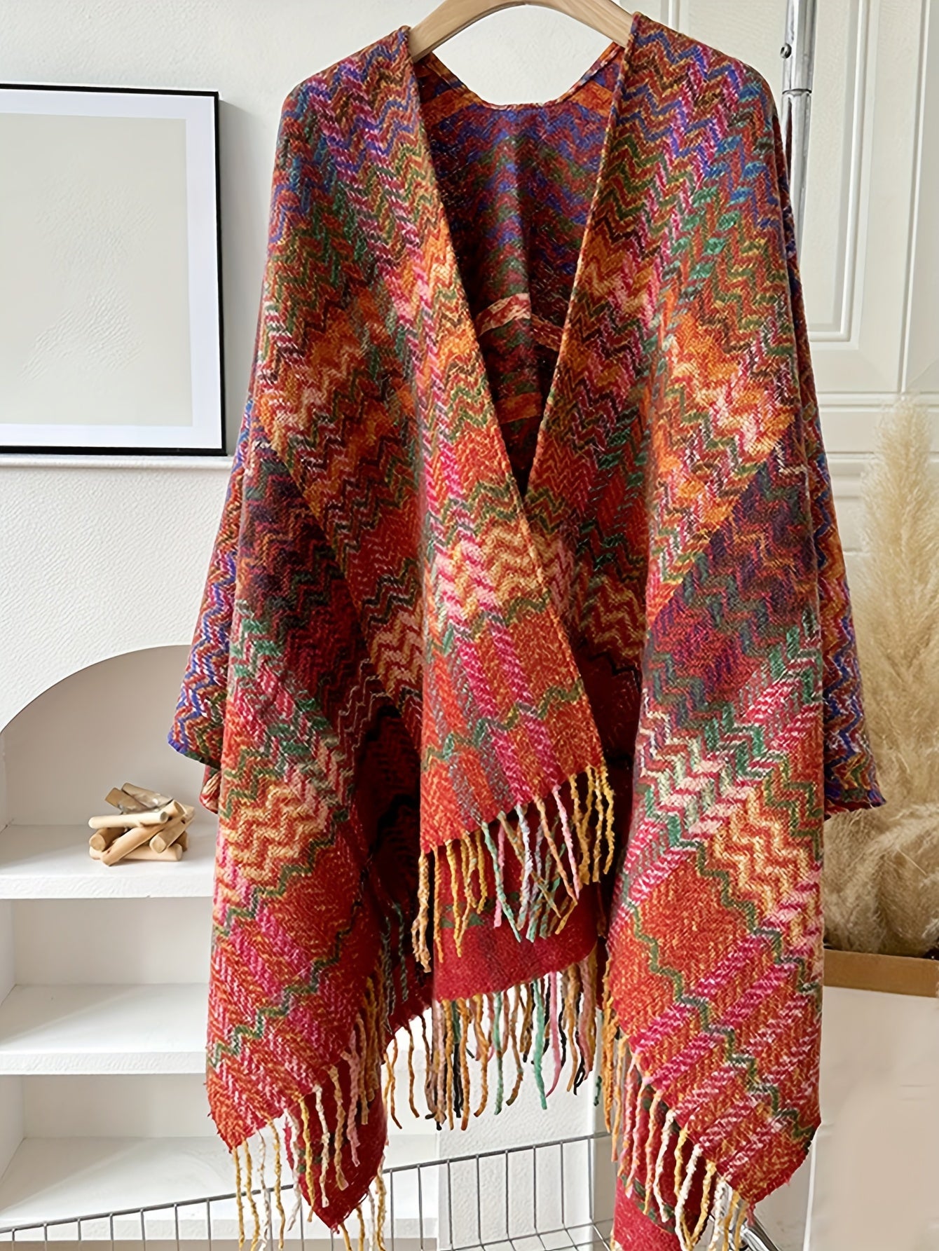 Women's Vintage Plaid Cape Tassel Cardigan Windproof Medium Length Coat