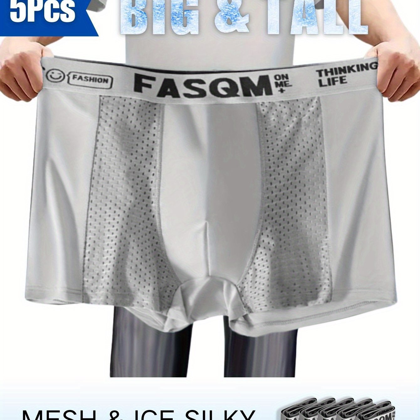 Plus Size Breathable Mesh Boxer Briefs 5-Pack with Solid Colors and Contrast Mesh Details