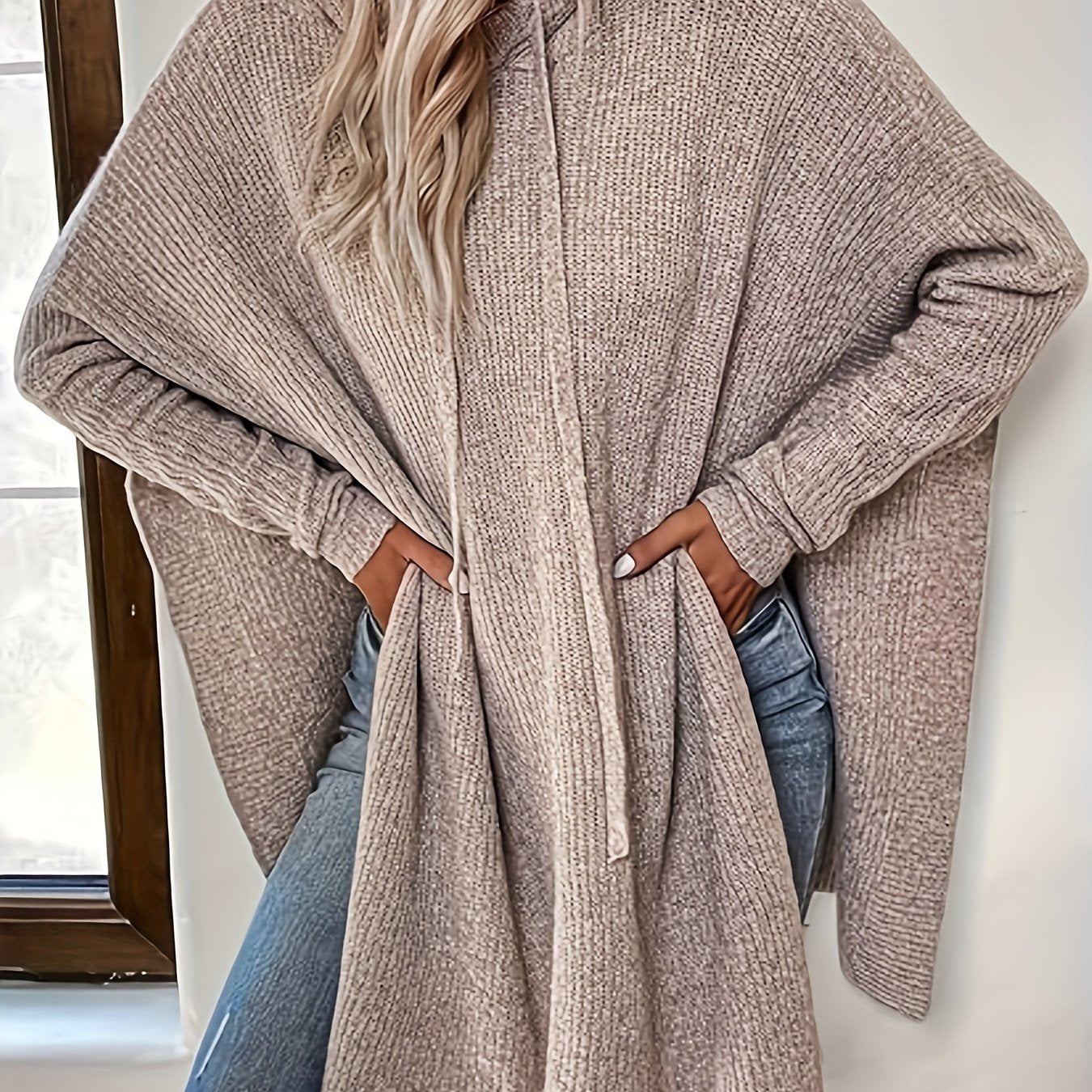 Women's Beige Hooded Sweater with Drawstring Batwing Sleeves