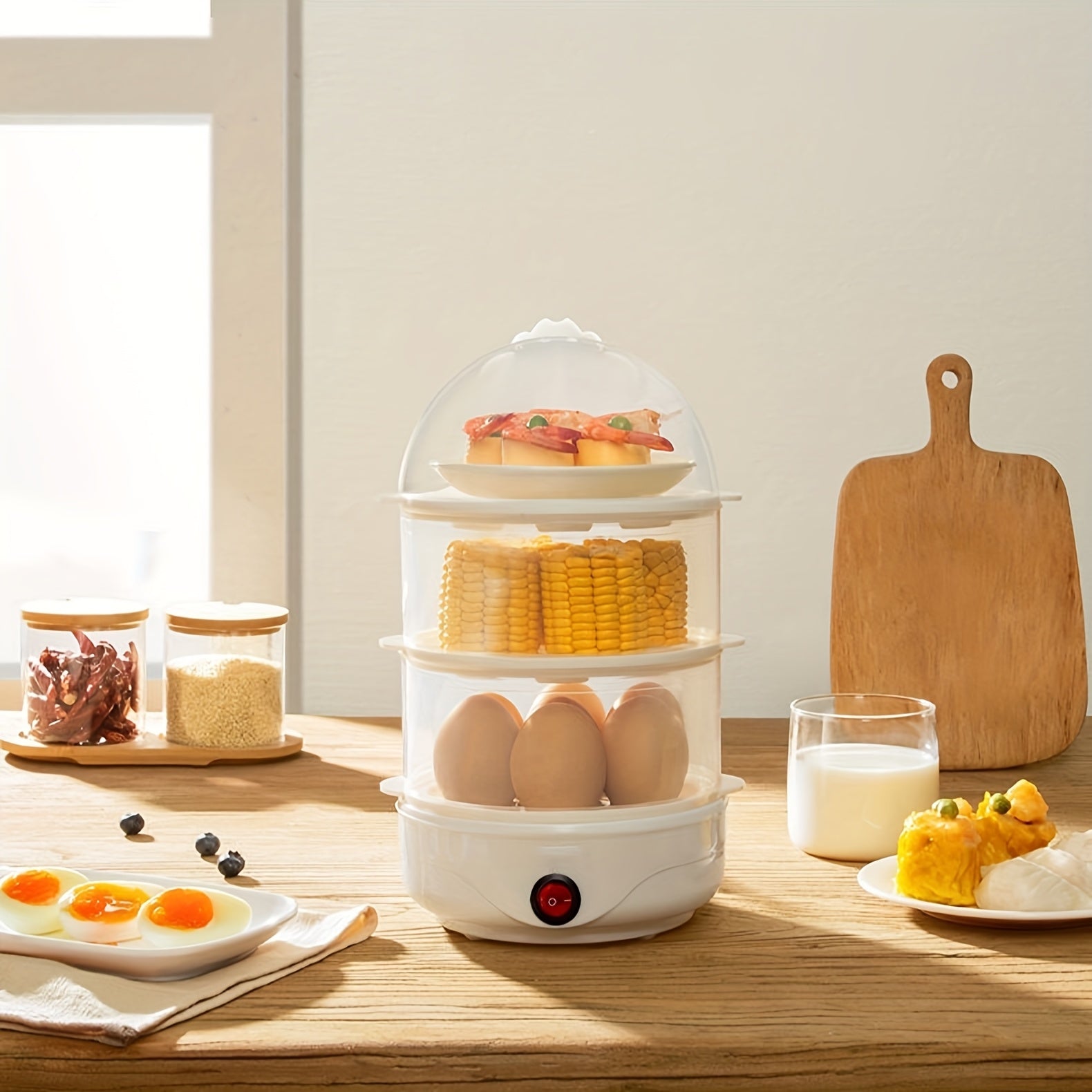 15 ta tuxum uchun elektr tuxum pishirgich, bug'lash, yumshoq, o'rtacha, qattiq qaynatish, qovurish va omlet funksiyasi bilan