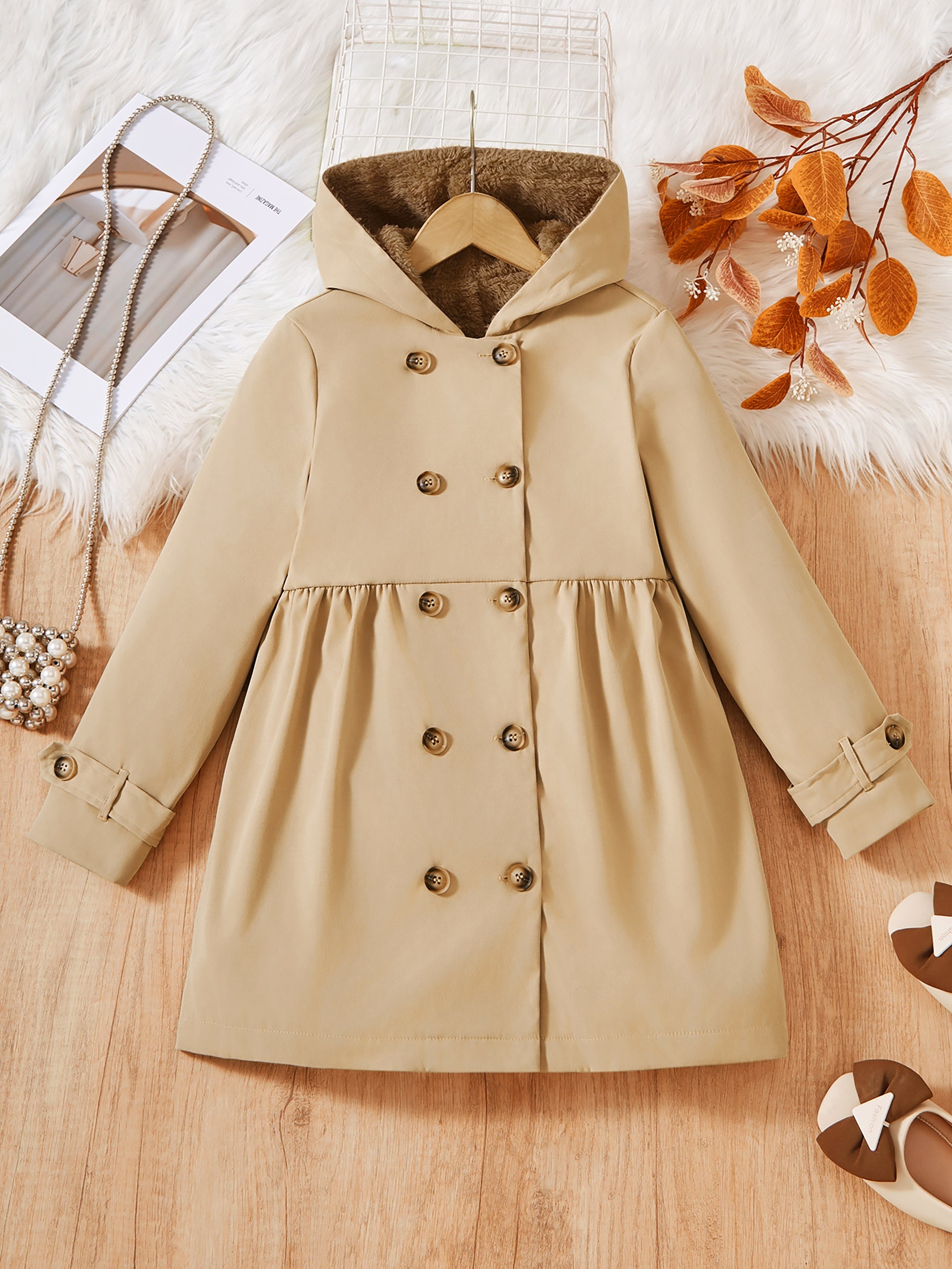 Girls Hooded Padded Coat Lightweight Double-Breasted Fall Winter Solid Polyester