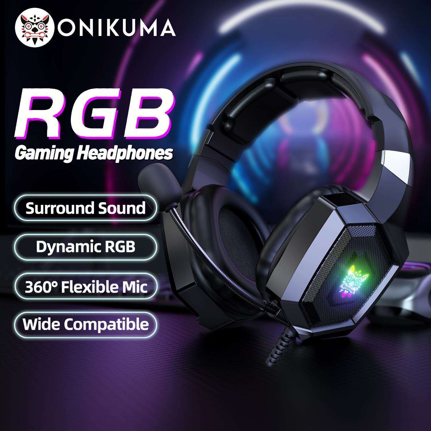 Wired Gaming Headphones with Noise-Canceling Microphone LED Lights 360° Rotating Ear Cups