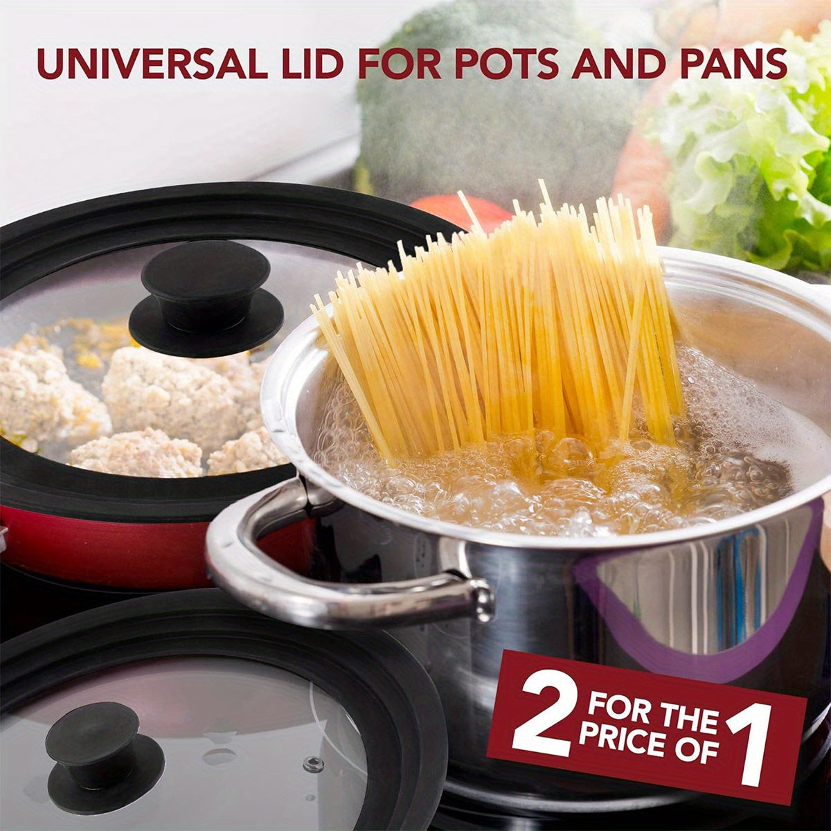 Juego de 2 tapas de silicona negra para utensilios de cocina que encajan en sartenes, ollas y cazuelas de 7 a 13 pulgadas