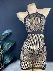 Women’s Lace Mesh Backless Bodysuit with Halter Neck and Nylon Elastane Fabric