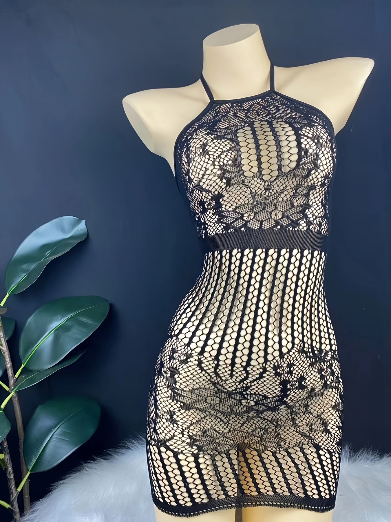 Women’s Lace Mesh Backless Bodysuit with Halter Neck and Nylon Elastane Fabric