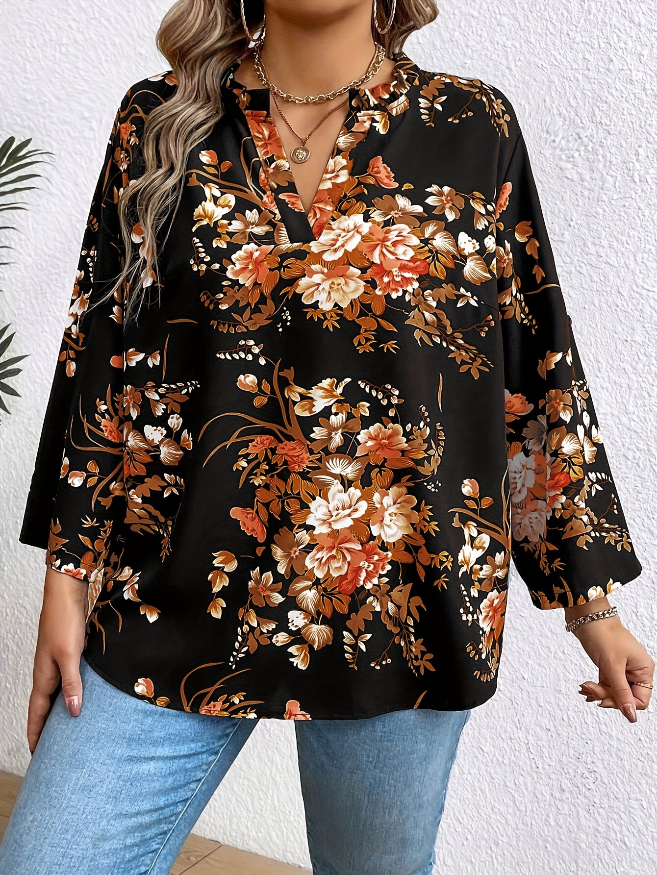 Women's Geometric Print Notched Collar Shirt Large Size