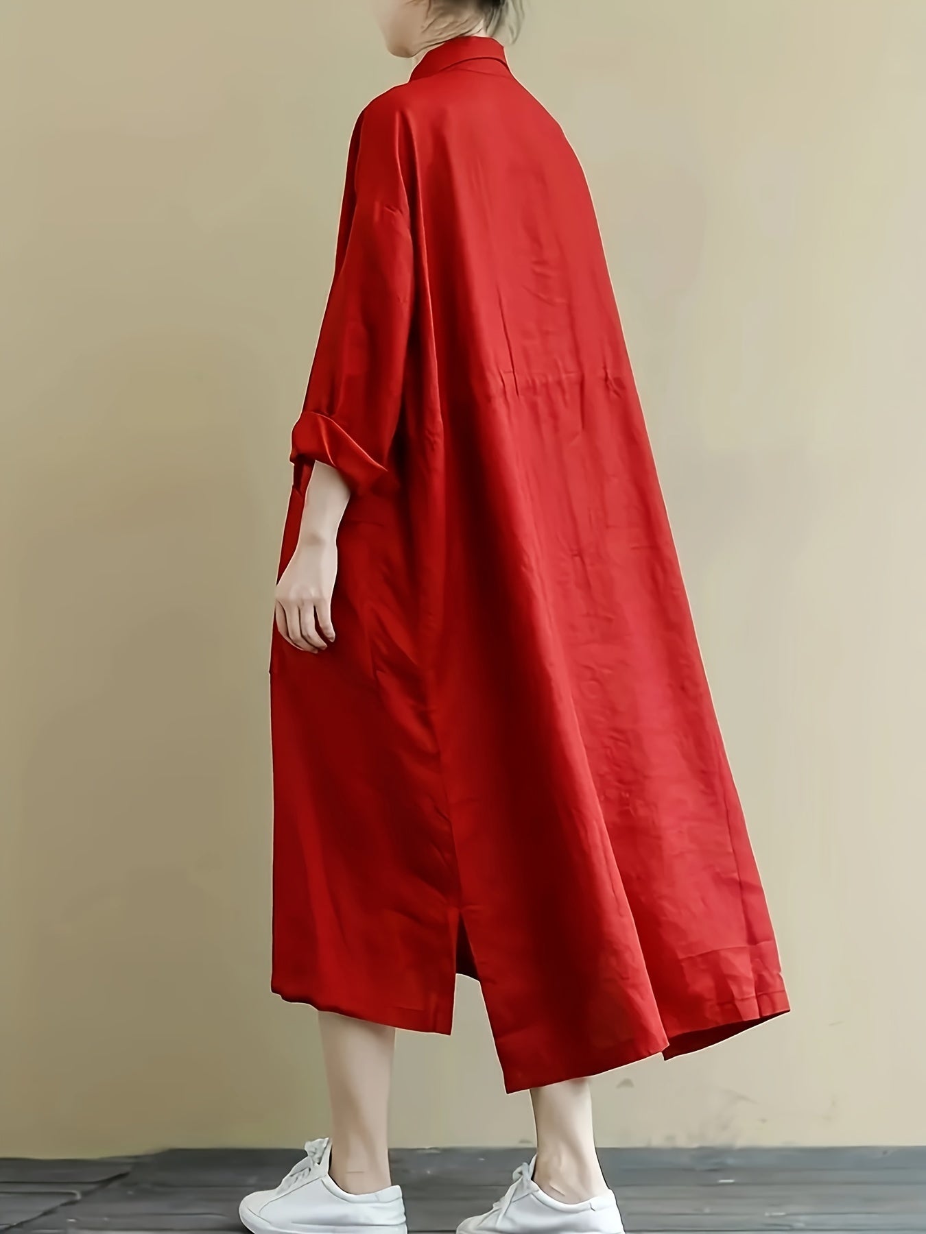 Red Linen Shirt Dress Casual Loose Fit Button Detail Non-Stretch Fabric Spring Collection