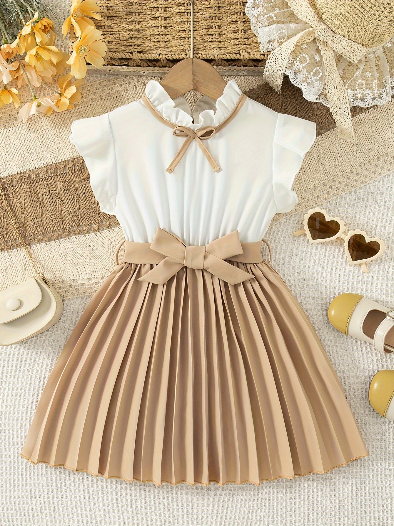 Girls Summer Dress with Polyester Knee-Length Pleated Skirt Stand Collar Sleeveless Ruffle Bow Casual
