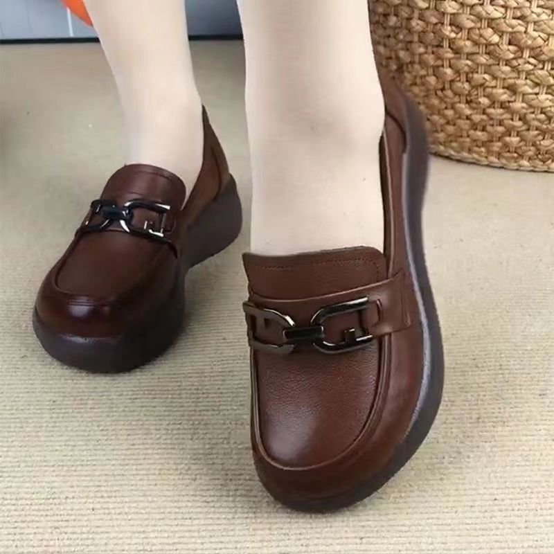 Women's Brown PU Loafers with Metallic Buckle Slip-Resistant Cushioned Sole