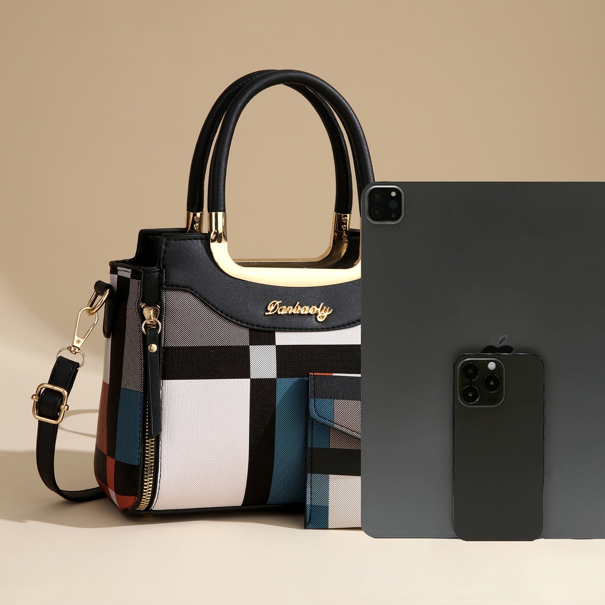 Valentine's Day Tote Bag with Multiple Carrying Options Black Checkered PU Stylish Crossbody Shoulder Bag