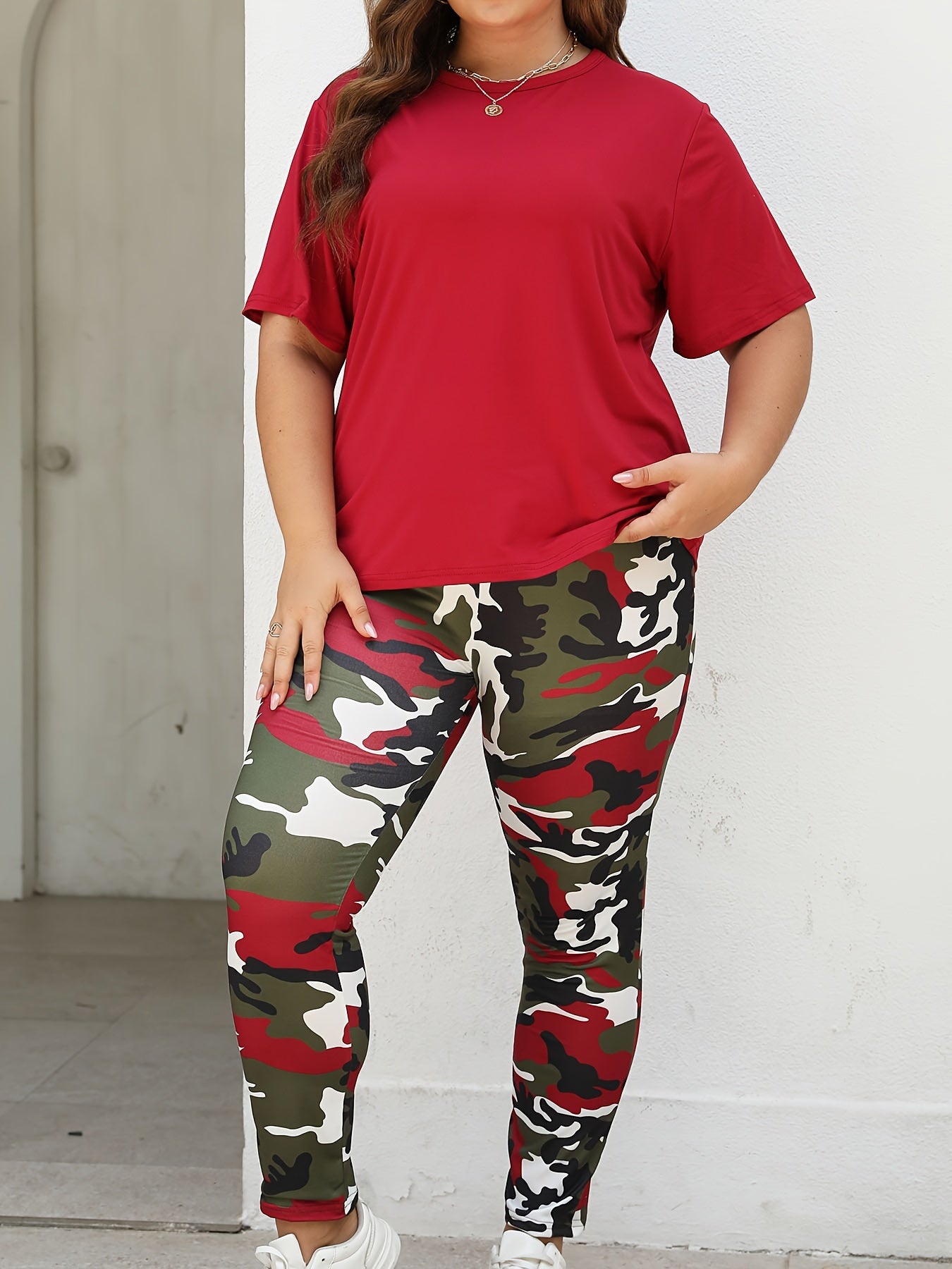 Women Plus Size Activewear Set Camouflage Top Pants 2 Pieces