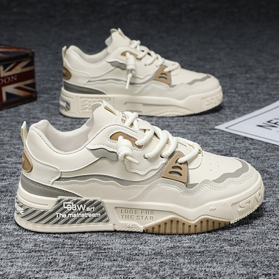 Erkaklar uchun vintage uslubidagi tasodifiy sport krossovkalari, dumaloq barmoq, bog'ichli dizayn, mato astar va barcha mavsumlarda skeytbord uchun PVC taglik.