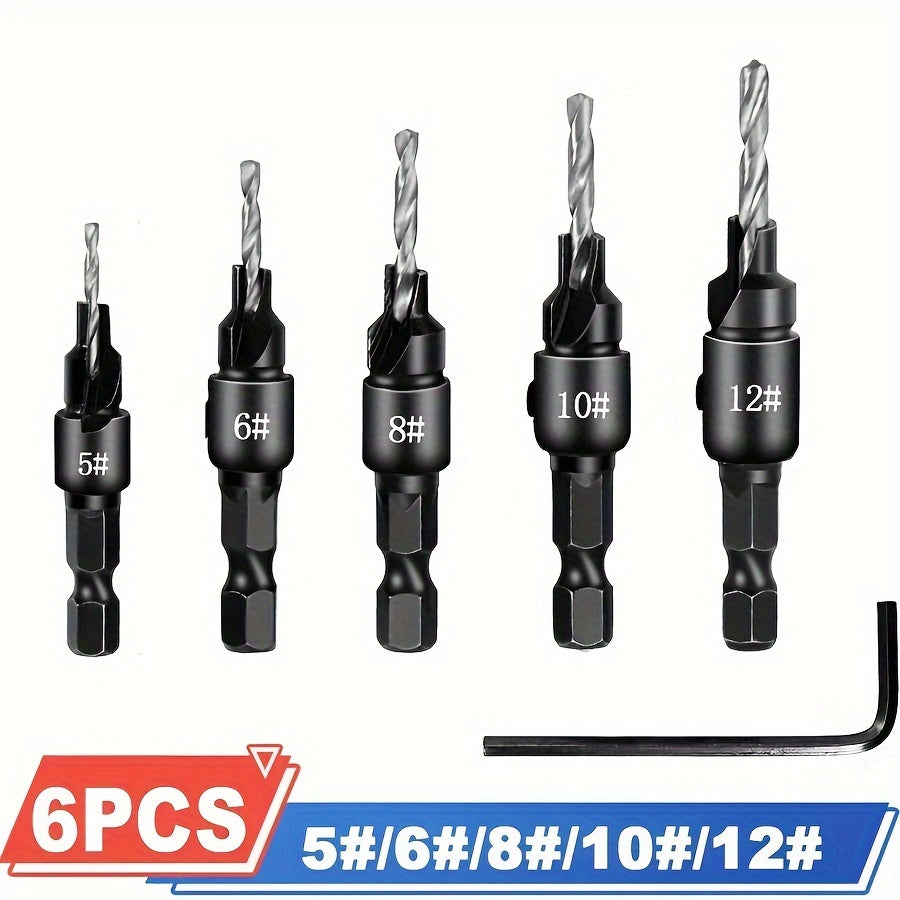 Woodworking Drill Bit Set 6 Pieces Countersink Hand Tool Kit