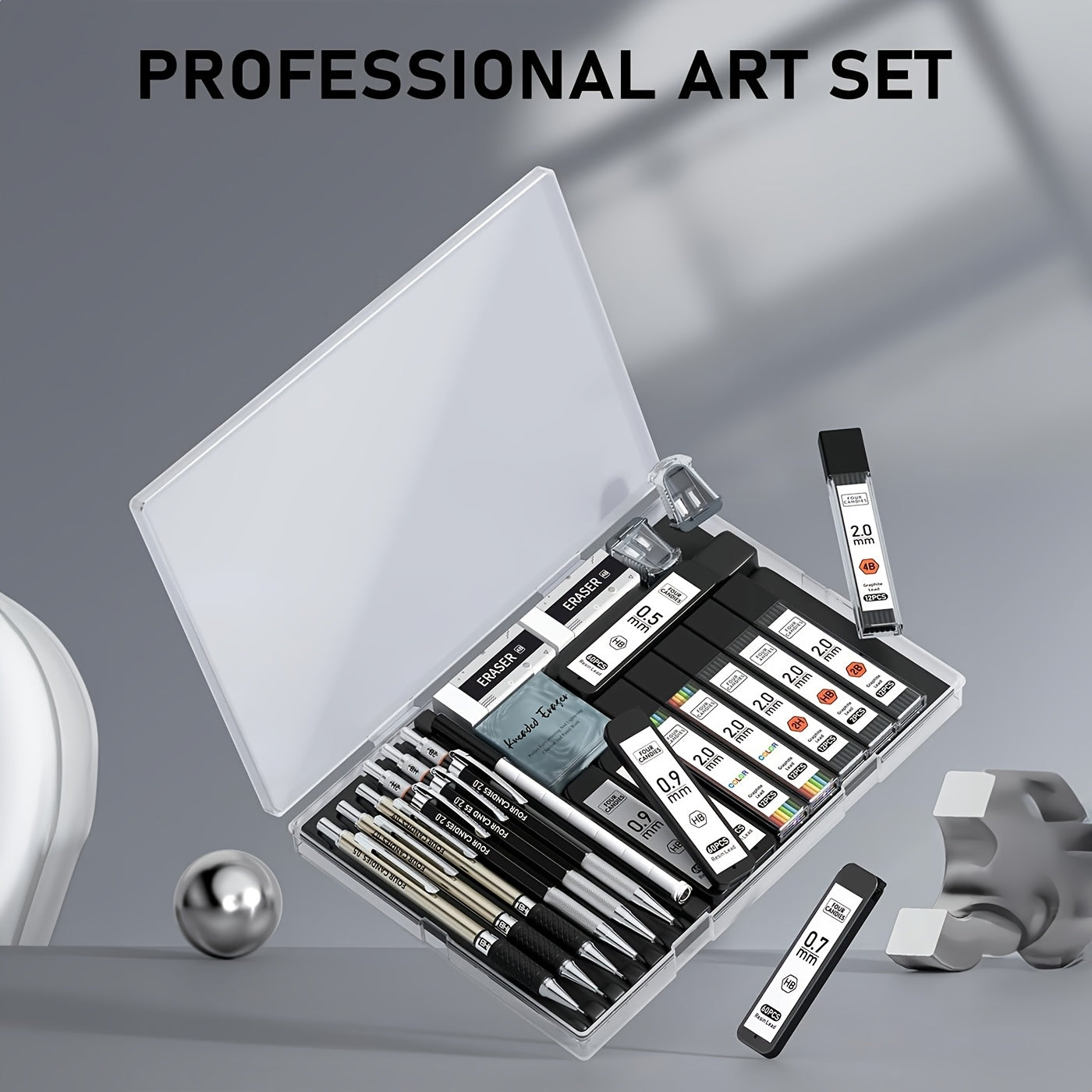 Rasm chizish va eskiz uchun 25 ta san'at to'plami, mexanik qalamlar, grafit tutqichlar va quti bilan