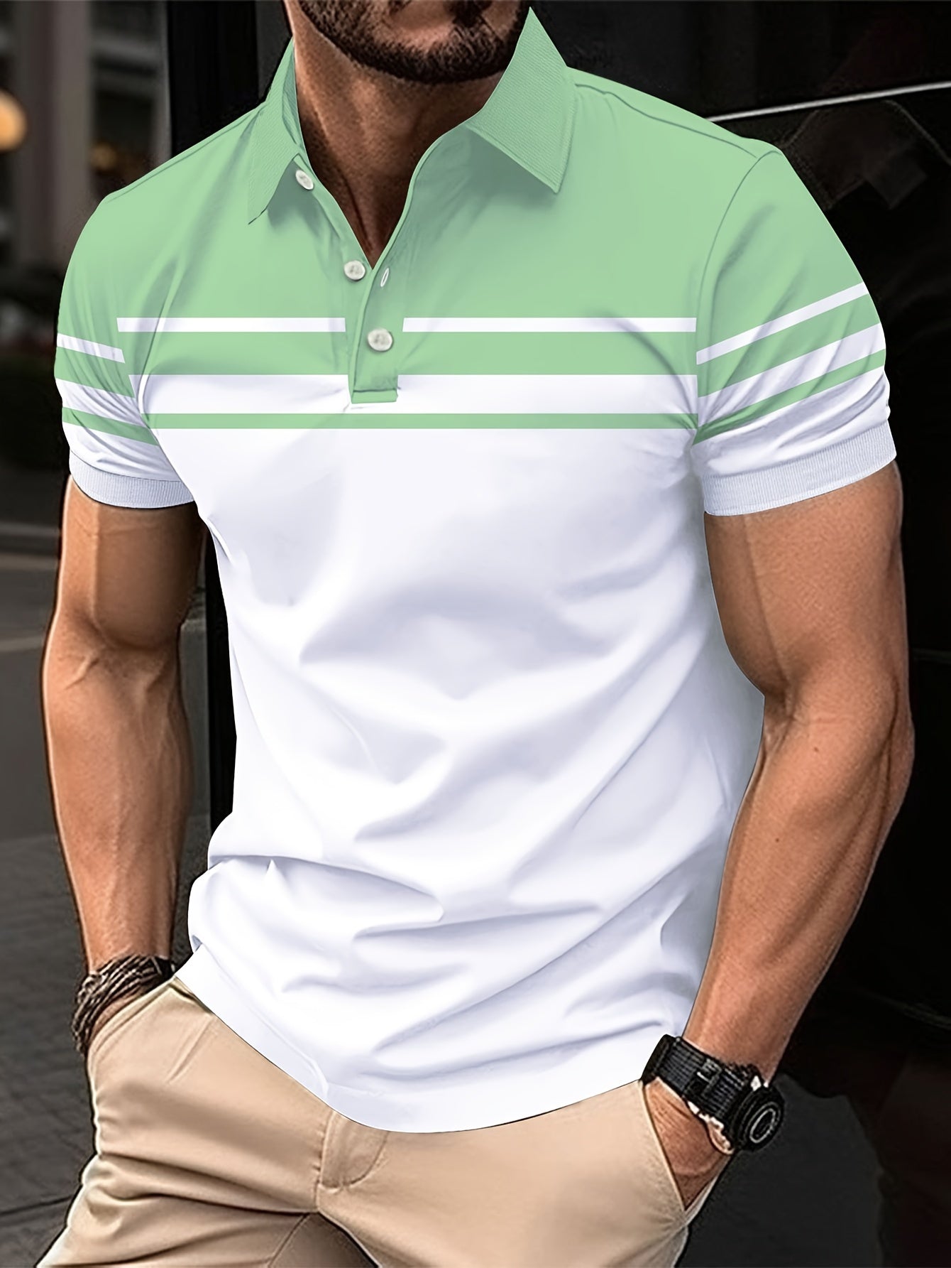 Camiseta de manga corta para hombre con bloques de colores y rayas, poliéster, casual, verano