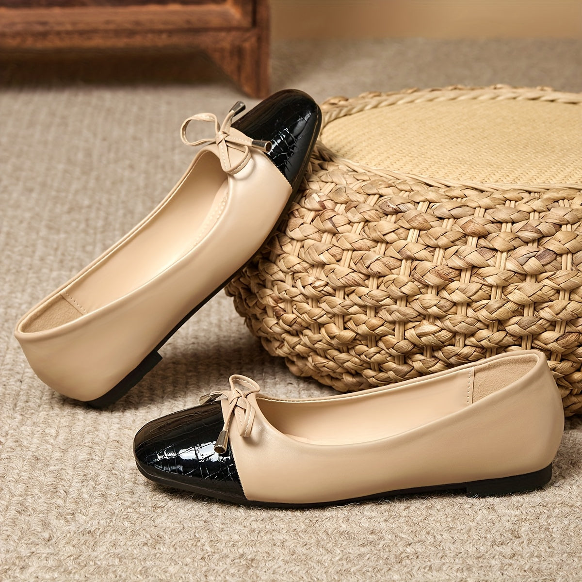 Women Flat Ballet Shoes Black Apricot Contrast Color Comfortable Durable