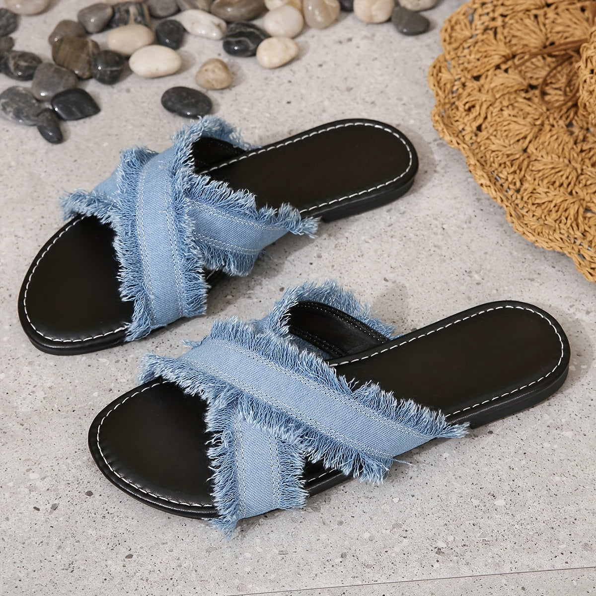 Ayollar uchun Bohemiy qirralari bilan sandallar Qora Ko'k Ochiq barmoq bilan yopiladigan, qulay va tekis