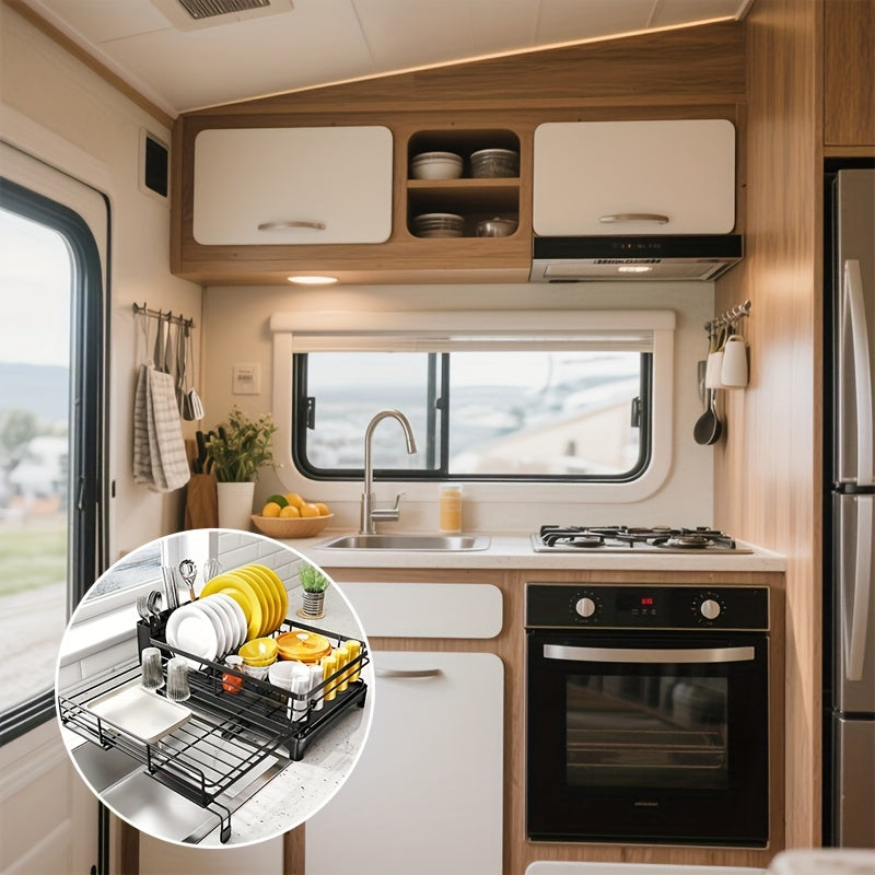 Stainless Steel Dish Drying Rack with Utensil Holder Adjustable Drain Spout Space-Saving Black Kitchen Sink Organizer