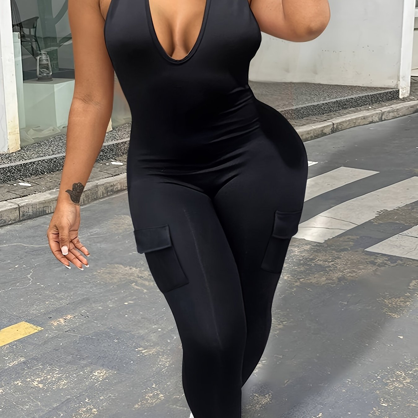 Plus Size Women's Black Stretch Bodysuit Jumpsuit for Casual and Formal Wear