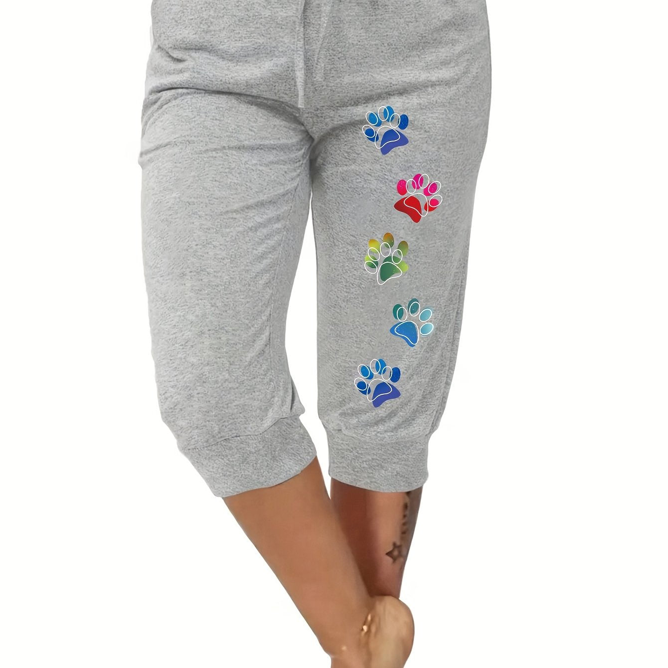 Plus Size Women's Capris With Paw Print Pattern Elastic Waist Spring Summer