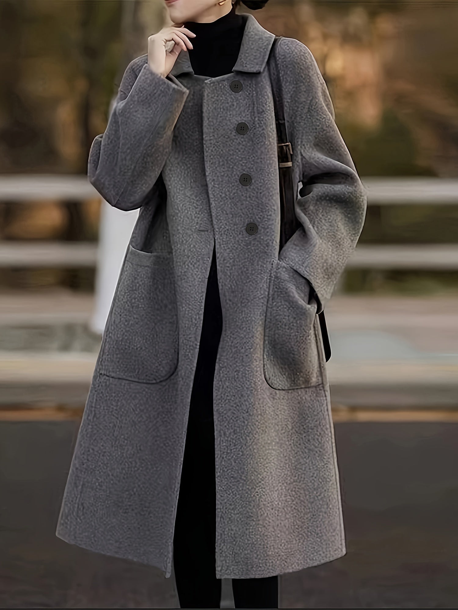 Women's Long Sleeve Solid Color Coat with Pockets Fall Winter Elegant H-Shape Polyester