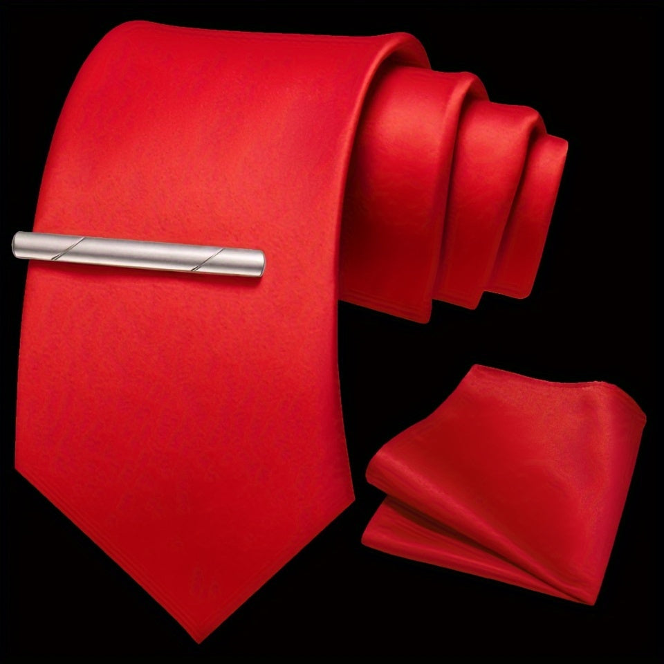 Erkaklar uchun bir rangli ipak aksessuarlar to'plami, galstuk, cho'ntak sharf, sochiq, galstuk klipi, rasmiy kiyimlar va sovg'alar uchun