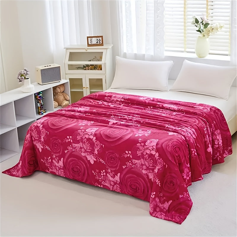 Red Flannel Bed Blanket with Woven Peony Pattern Polyester All-Season Comfort