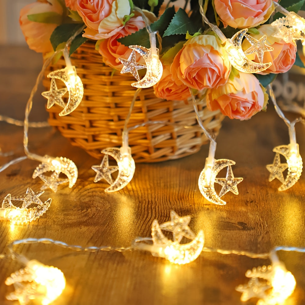 Battery Operated LED String Lights with Star and Moon Design for Indoor Decor Weddings Parties Ramadan Eid